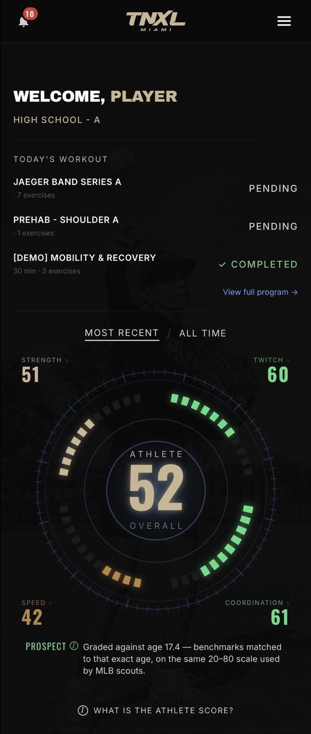 TNXL Performance app home screen: today's workout and the ATHLETE score